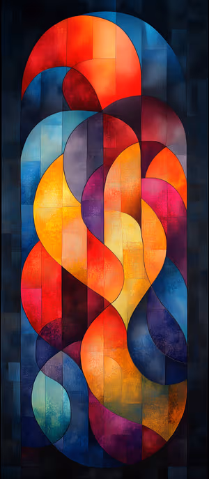 Abstract geometric overlapping circles on a dark red, blue and gold background in a vibrant modern aesthetic.