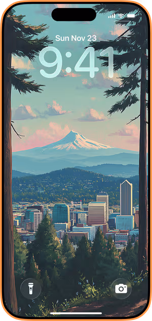 Wallpaper preview on iPhone 17 Pro Max running iOS 26 - pastel mountain city