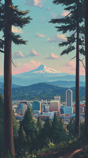 Pastel city and mountain panorama centered on soft pastel sky with forest framing ultra hd 8K background.