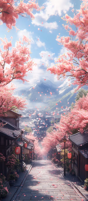 Scenic cherry blossom mountain street centered on a soft pink sky with stone pavement and drifting petals ultra HD 8K image.