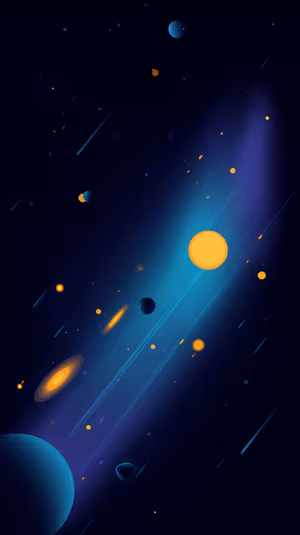 Futuristic neon galaxy with glowing planets and comet streaks on a deep blue background, ultra HD iPhone image