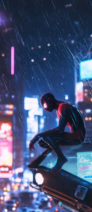 Cyberpunk Spider Man crouching on a neon blue magenta background in a rainy city skyline; ultra HD mobile background