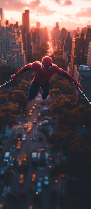 Cinematic Spider Man swing centered on an orange sunset background in a dynamic comic aesthetic, ultra HD 8K phone image.