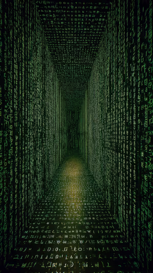 3D cyberpunk matrix code tunnel centered on a neon green background in a high contrast digital aesthetic, ultra HD image
