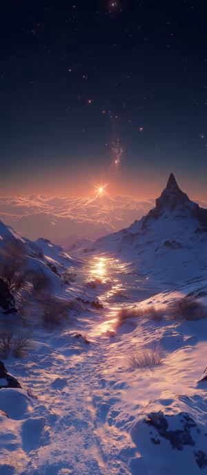 Cinematic snowy mountain valley at sunrise with golden reflections and a star filled sky ultra hd mobile background