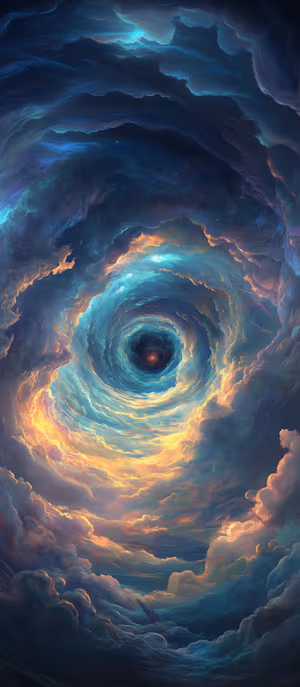Abstract cosmic cloud vortex portal centered on blue and gold background in luminous digital style; ultra hd image.