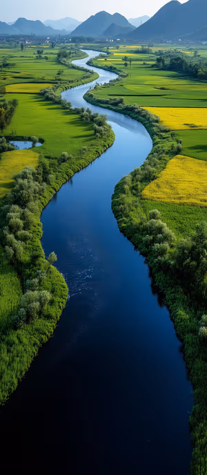 Aerial landscape of a winding river valley over green and gold fields in panoramic, ultra HD iPhone background.