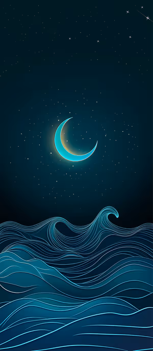 Neon digital moonlit ocean with glowing turquoise wave lines and crescent moon on a dark starry background, ultra HD.