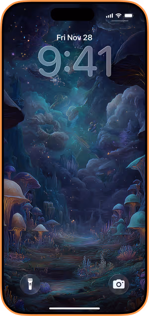 Wallpaper preview on iPhone 17 Pro Max running iOS 26 - bioluminescent mushroom grove