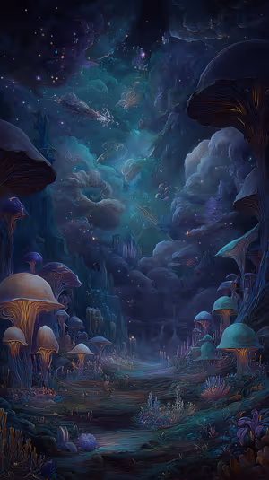 Fantasy bioluminescent mushroom forest path centered on a teal indigo nebula background, ultra hd 8K image.