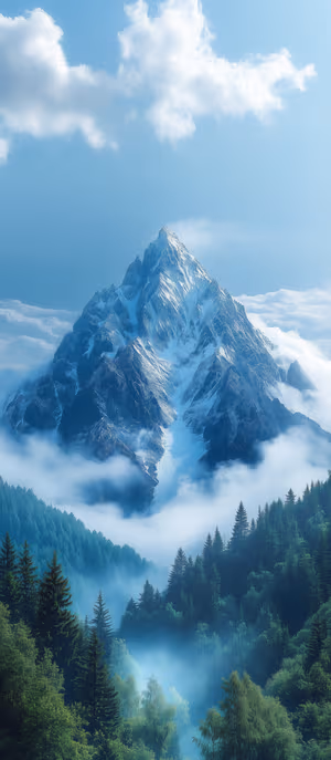 Photoreal alpine mountain peak on blue white background with misty pine forest; ultra hd 8k image
