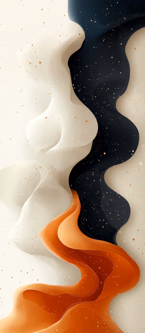 Abstract fluid waves centered on cream, black and orange background with speckled textures ultra HD image.