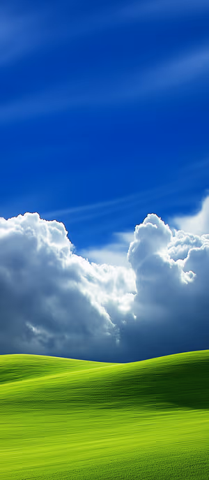 Realistic landscape of rolling green hills beneath a vivid blue sky with fluffy white clouds ultra hd phone background