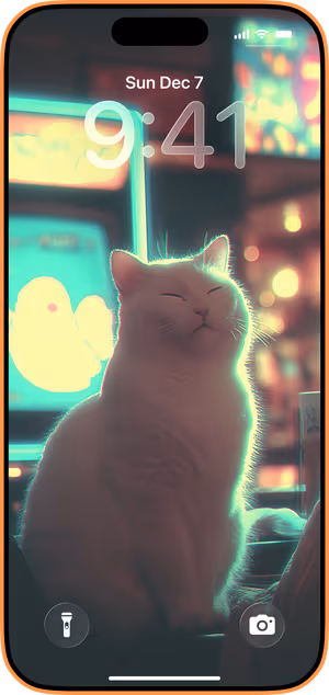 Wallpaper preview on iPhone 17 Pro Max running iOS 26 - neon cat arcade