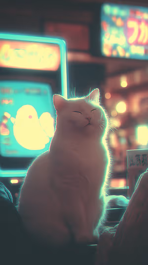 Cyberpunk neon white cat centered on a teal and magenta arcade city background ultra HD 8K image.