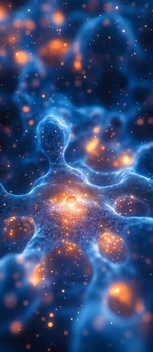 Futuristic glowing neural network centered on a dark blue and orange background in abstract digital art aesthetic, ultra hd.