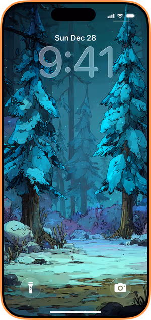 Wallpaper preview on iPhone 17 Pro Max running iOS 26 - teal snowy forest night