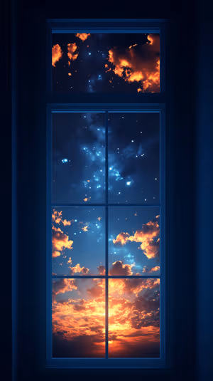 Framed window view in surreal style with glowing orange clouds merging into a deep blue starry galaxy ultra HD image.
