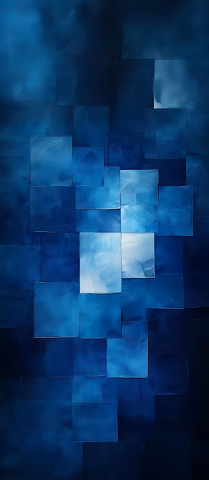 Abstract geometric mosaic of layered blue squares with textured brush strokes, ultra HD 8K background for iPhone