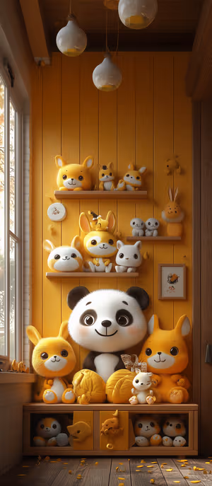 Cozy 3D plush panda with yellow bunny and fox on a warm wood shelf, ultra HD 8K background for iPhone lock screens