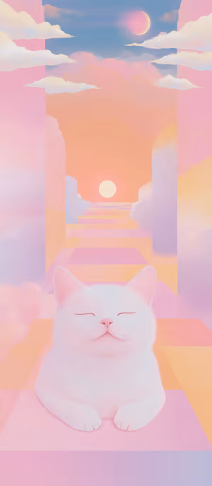 Surreal pastel dreamscape white cat centered on a soft pink cloud background with geometric pathway, ultra HD image.
