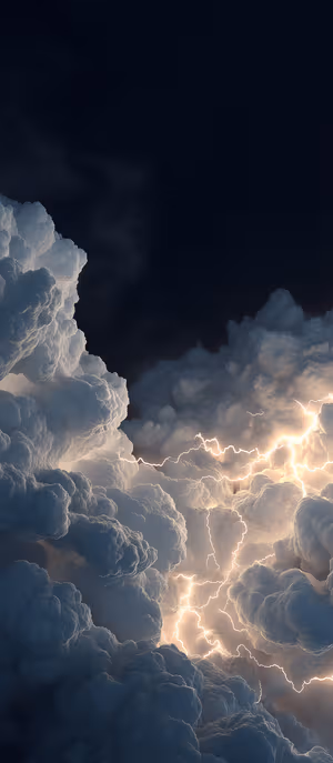 Dramatic storm clouds centered on dark blue gray sky with branching lightning and electric glow, ultra HD 8K wallpaper.