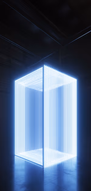 Futuristic neon wireframe cube centered on a deep blue industrial background, ultra HD 8K image