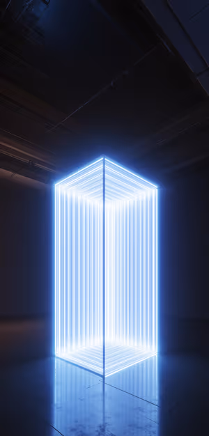 Futuristic neon cube with vertical light panels centered on a deep blue background in a minimalist sci fi aesthetic, ultra HD.