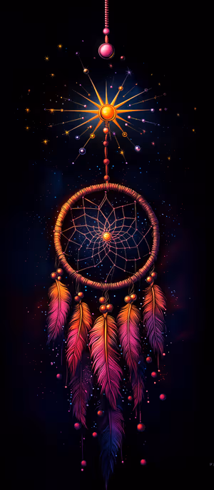 Neon cosmic dreamcatcher centered on an orange purple starry backdrop in a glowing mystical aesthetic, ultra HD 8K.