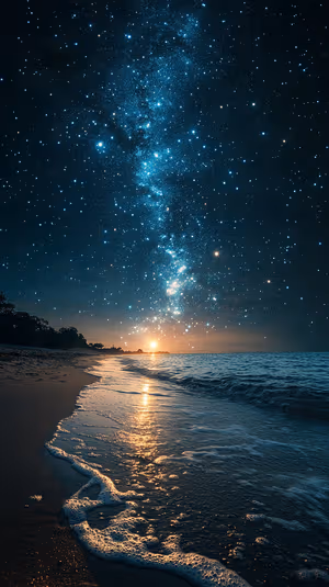 Astrophotography Milky Way arch above a sandy beach with navy blue dawn and golden wet sand reflections, ultra hd background.