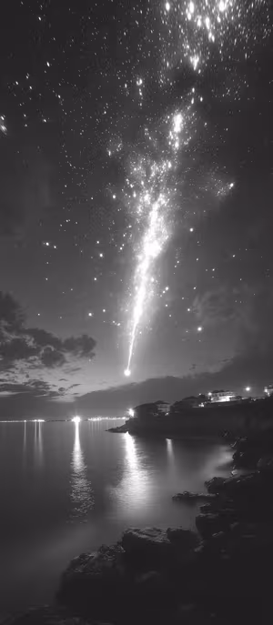 Long exposure meteor shower over coastal shoreline on a midnight blue background in a tranquil astrophotography style.
