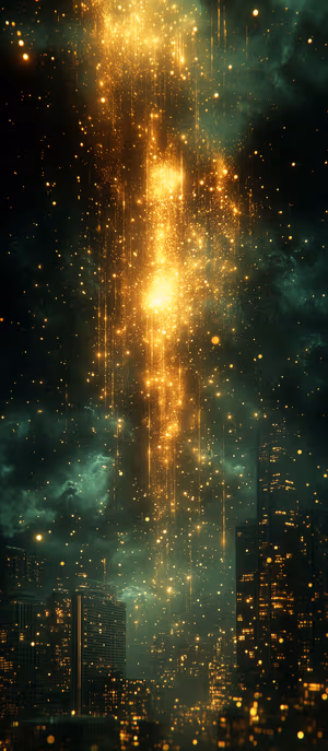 Futuristic cityscape centered on a dark gold black background with cascading golden data rain ultra HD 8K mobile background.