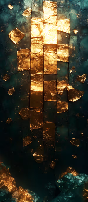 Metallic gold geometric shards on textured dark teal background abstract ultra HD art for iPhone Lock Screen