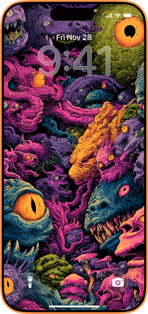 Wallpaper preview on iPhone 17 Pro Max running iOS 26 - Neon Monster Horde