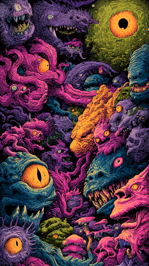 Psychedelic neon monsters centered on a dark background with vibrant neon tones and glaring eyes ultra HD wallpaper.