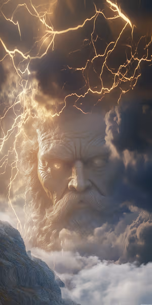 Mythic thunder god cloud portrait centered on stormy gray background with dramatic lightning ultra HD 8K image.