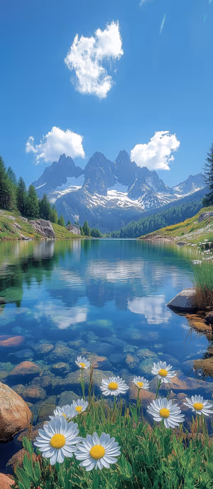 Photoreal alpine lake centered on blue and white tones with daisies and mirrored snow peaks, ultra hd image.