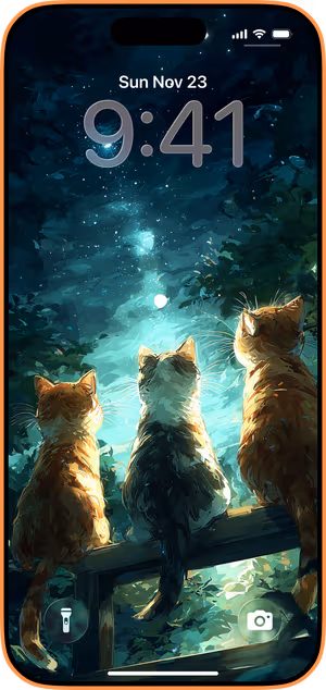 Wallpaper preview on iPhone 17 Pro Max running iOS 26 - Teal Stargaze Cats