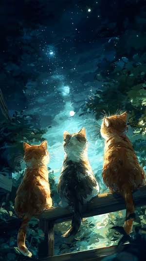 Painterly illustration of three cats centered on a glowing teal starry sky background, ultra hd.