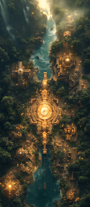 Aerial cinematic jungle temple ruins in golden tones, shot from above to emphasize river and canopy in ultra detailed view.
