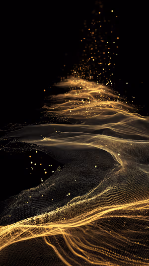 Minimalist gold particle waves on a deep black background with glowing bokeh ultra HD abstract background.