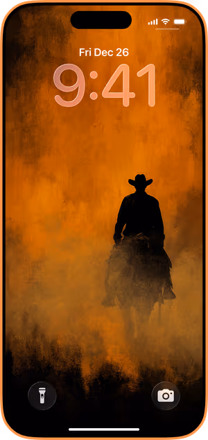 Wallpaper preview on iPhone 17 Pro Max running iOS 26 - Smoky Cowboy Silhouette