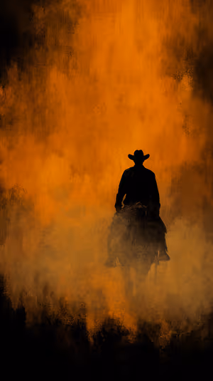 Moody cowboy silhouette centered on an orange smoky background in a cinematic western aesthetic ultra HD 8K