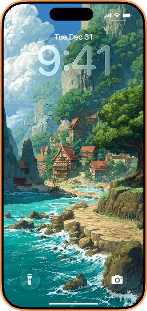 Wallpaper preview on iPhone 17 Pro Max running iOS 26 - Emerald Cliff Village