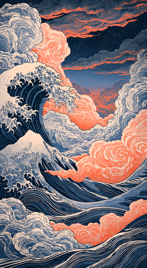 Ukiyo e ocean wave with curling cream foam and coral clouds against a deep blue sky in a Japanese woodblock style.
