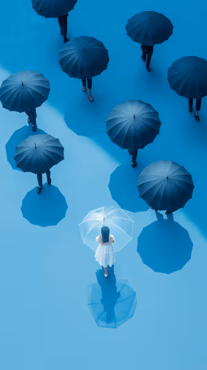 Minimalist aerial shot of a woman holding a clear umbrella centered on a vivid blue background in a minimalistic aesthetic, ultra hd