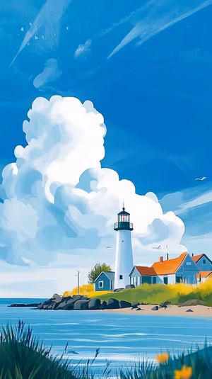 Digital painting lighthouse with red roof houses on a blue green coastal background in a serene style, ultra HD.