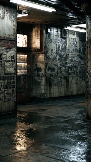 Moody photorealistic underpass with vending machine, torn posters and rain soaked reflective floor in teal gray urban aesthetic.