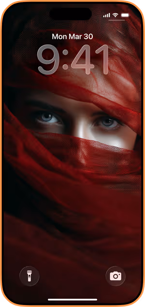 Wallpaper preview on iPhone 17 Pro Max running iOS 26 - Crimson Veil Gaze