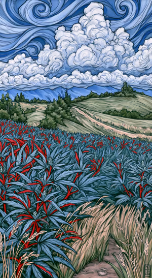 Painterly red flower countryside landscape on a blue background in a Van Gogh inspired aesthetic.